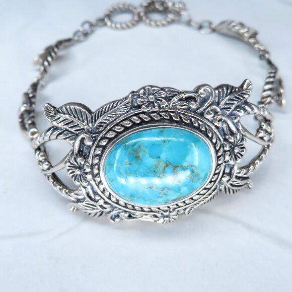 Sterling Silver Ornate Adjustable Turquoise Bracelet - Picture 5 of 11